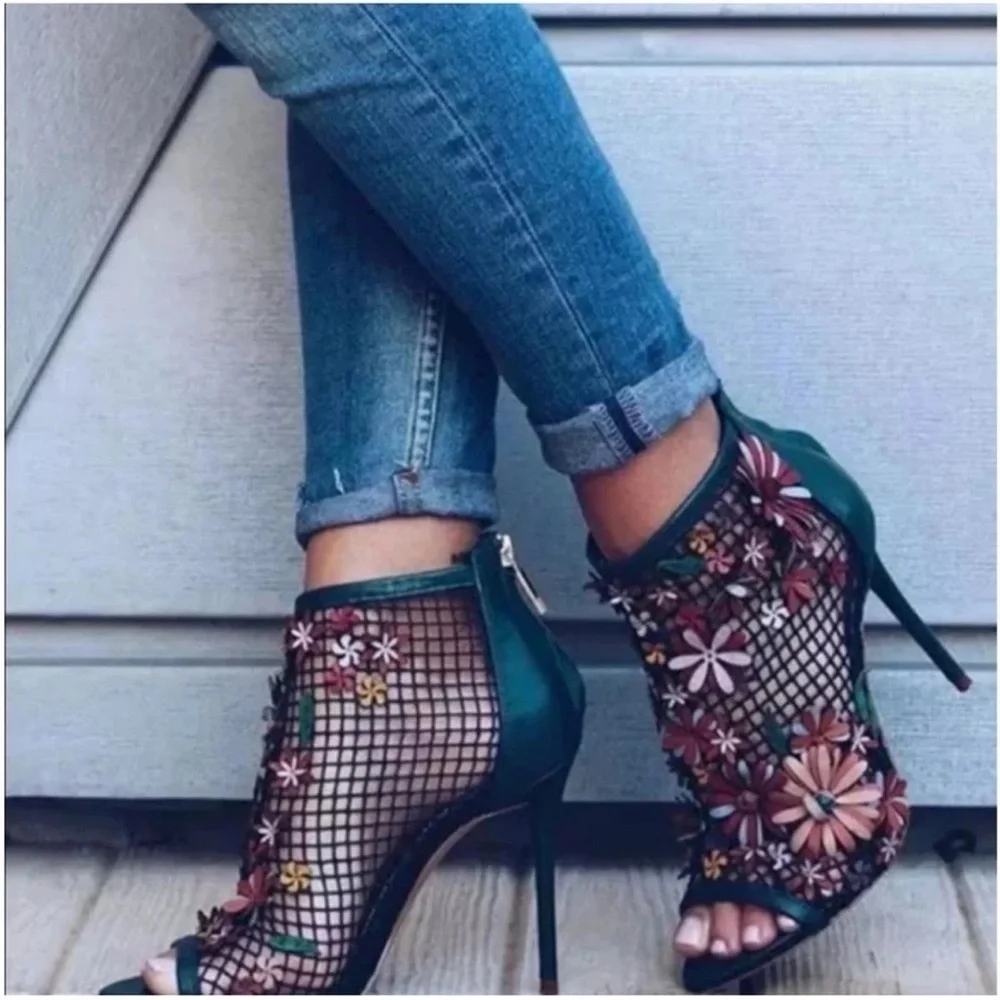 Zara Green Mesh Floral High Heels 3D Fishnet Back Zipper Size 39/8 - Picture 2 of 3
